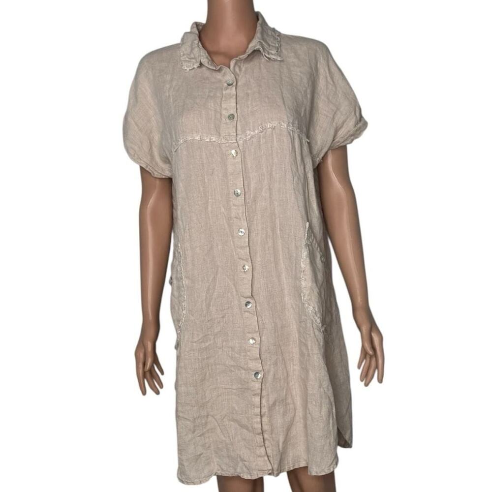 Azucar 100% Linen Short Sleeve Button Front Fringe Trim Shirt Dress with Pockets